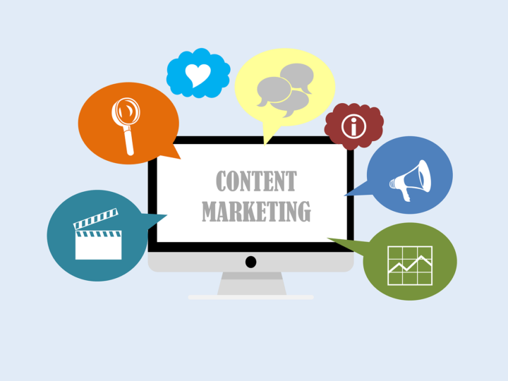 Computer screen displaying "Content Marketing," surrounded by icons for search, discussion, information, megaphone, media, and graphs.