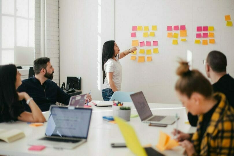 Five people in a meeting, with one person standing and placing sticky notes on a whiteboard. Others are seated with laptops.