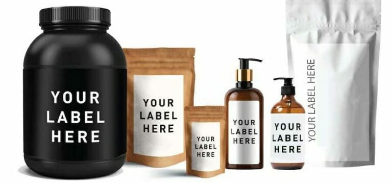 Assorted packaging containers with blank labels including jars, pouches, and pump bottles, displayed with "Your Label Here" text.