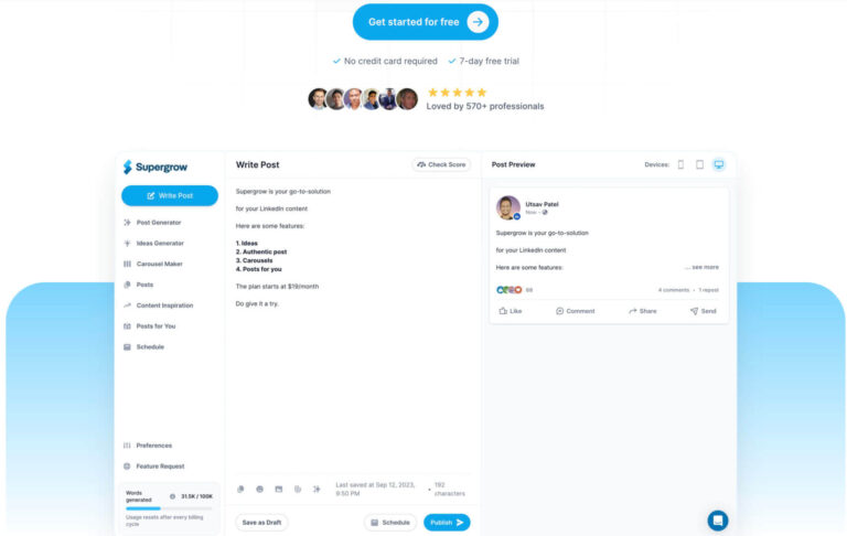 Screenshot of Supergrow's interface showing post writing options, features list, left-side menu, and post preview. Includes free trial prompt.