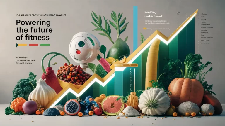 Illustration showing vegetables and a graph with the text "Powering the future of fitness" to highlight the plant-based protein supplements market.