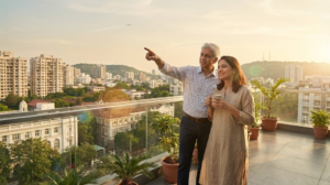 NRI couple looking at scenic view from the terrace of their indian home