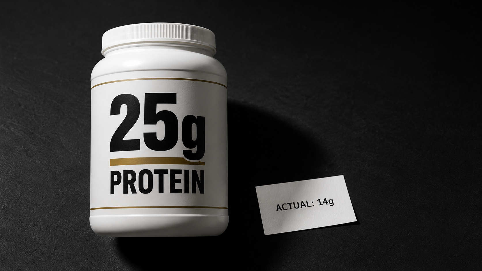 a box of protein which has label reading 25 gram and another paper piece showing 14 gram protein.