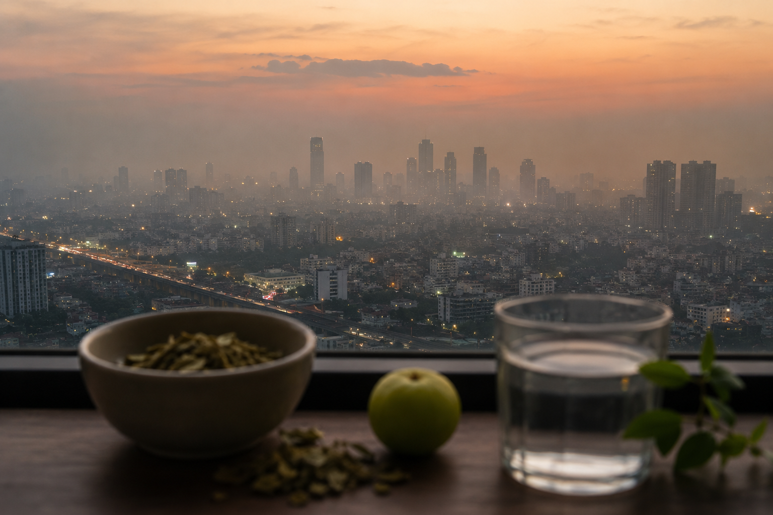 a polluted indian city for a high floor balcony and some herbs placed on table