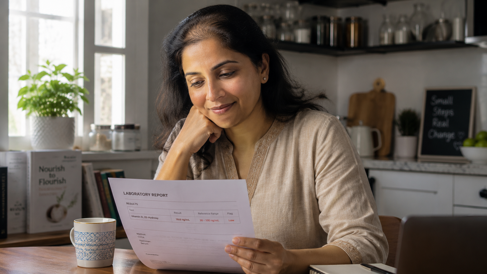 an indian lady reading her thyroid test report